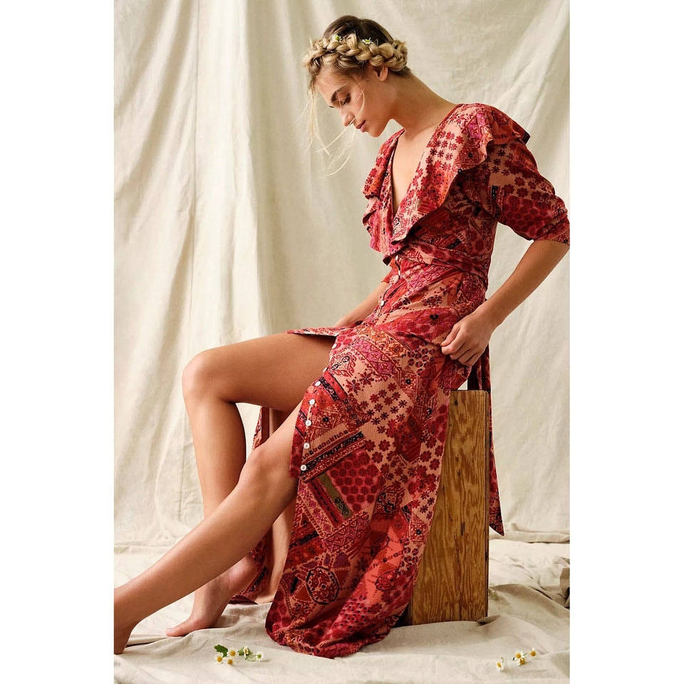 New Free People Lennon Ruffle Maxi Dress Boho $168 X-SMALL Primrose Combo