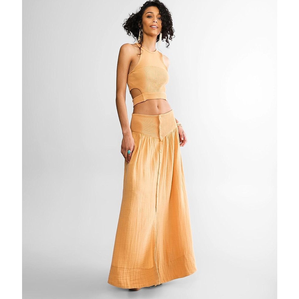 New Free People Frances Skirt Set $148 LARGE Pastry Shell Ribbed Knit Crop Top