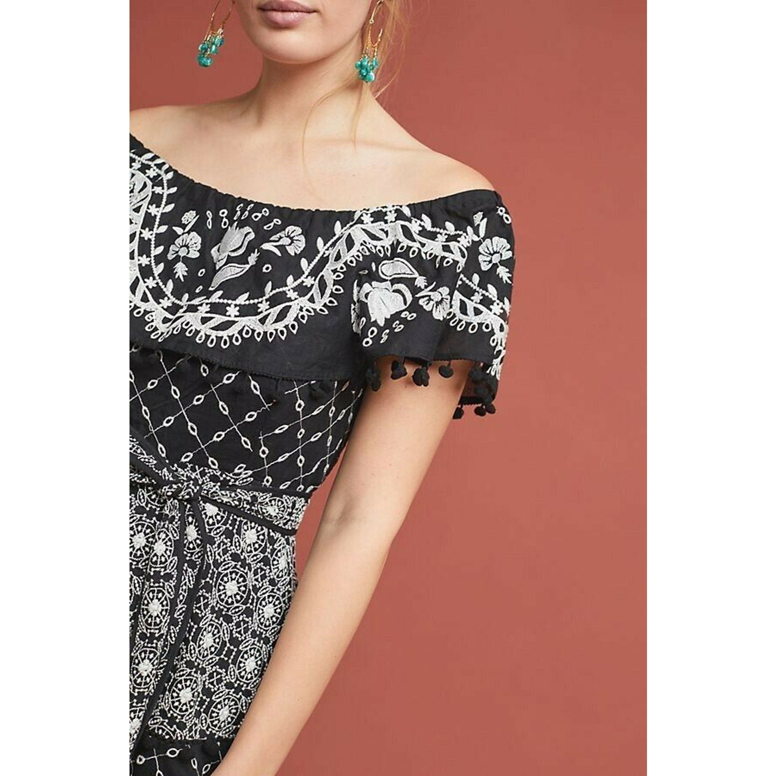 New Anthropologie Marisol Off the Shoulder Embroidered Midi Dress $230 B&W Sz 4