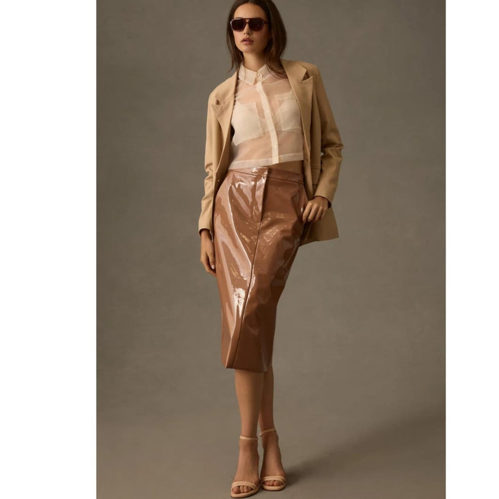 Anthropologie Sunday in Brooklyn Faux Leather Midi Skirt $130 MEDIUM Bronze
