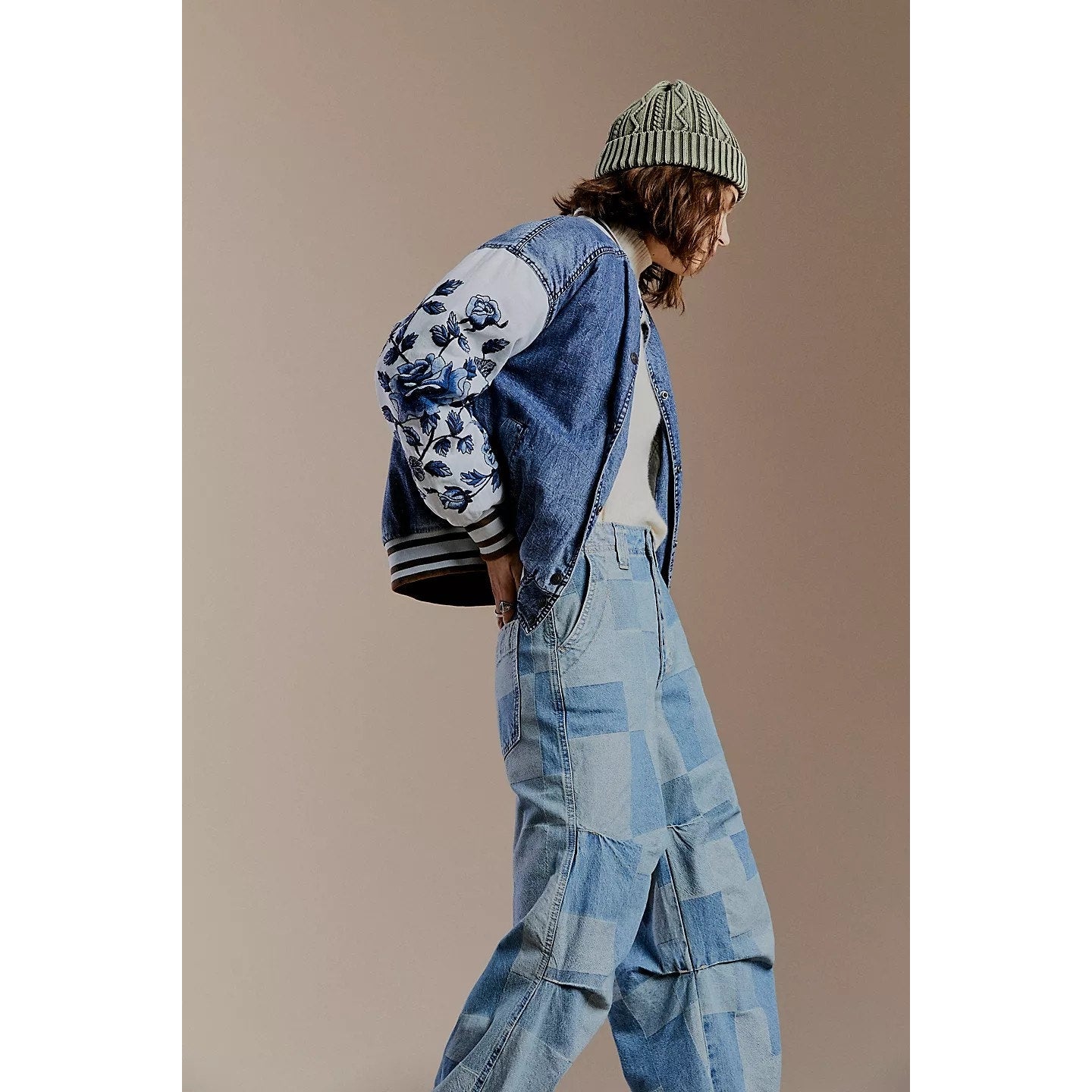 New Free People WTF Team Spirit Jacket $298 SMALL Stone Blue Floral Embroidery