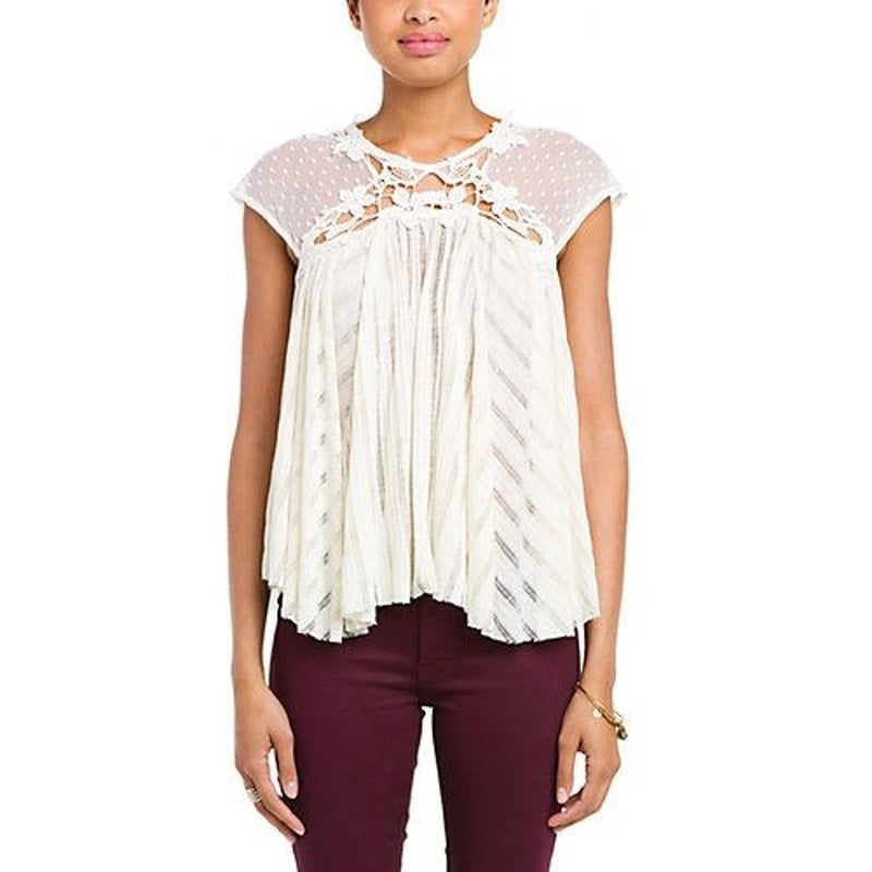 Free People Stars Align Swing Semi Sheer Lace Top X-SMALL Eggshell Free People