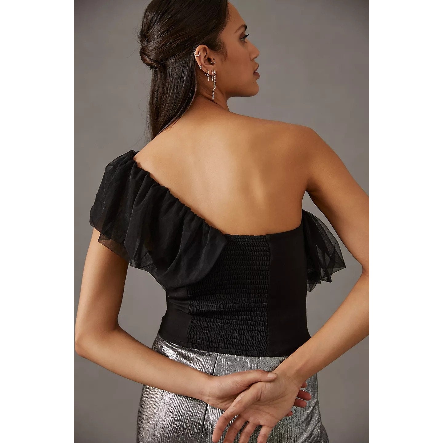 New Anthropologie Sunday in Brooklyn One-Shoulder Top $78 LARGE PETITE Black