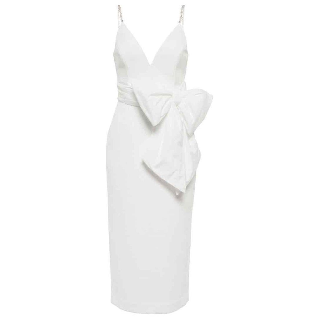 New Rebecca Vallance Genevieve Bow V-Neck Sheath Midi Dress $630 SIZE 8 White