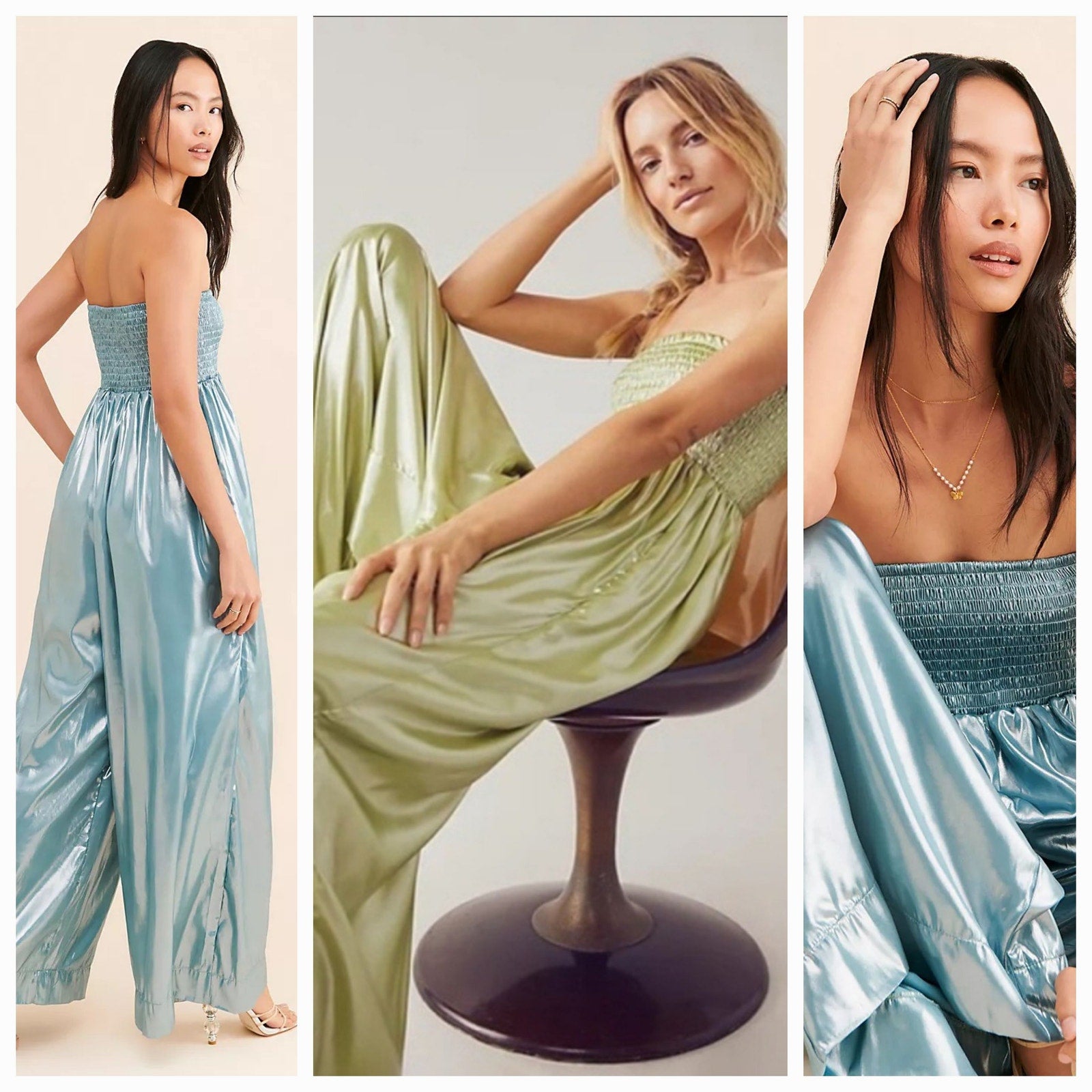 New Free People Julie Metallic Wide-Leg Jumpsuit $200 X-SMALL Green Boho Smocked