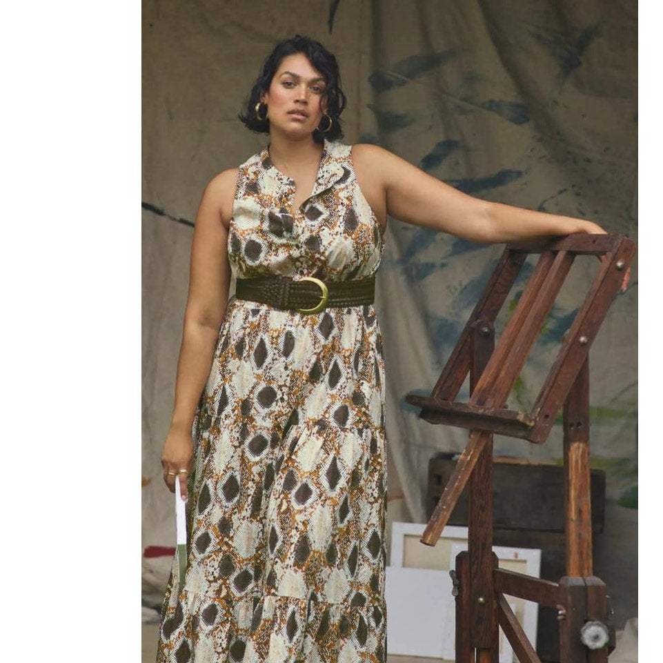 New Anthropologie Maeve Snake Print Maxi Dress $170 SIZE 0 Button Front Cotton