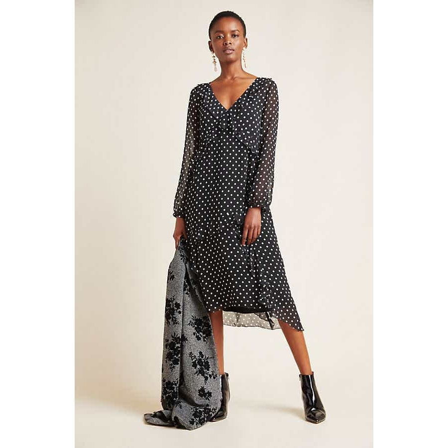 New Anthropologie Sirena Ruffled Tunic Midi Dress  $160  SMALL Midi Polka Dot