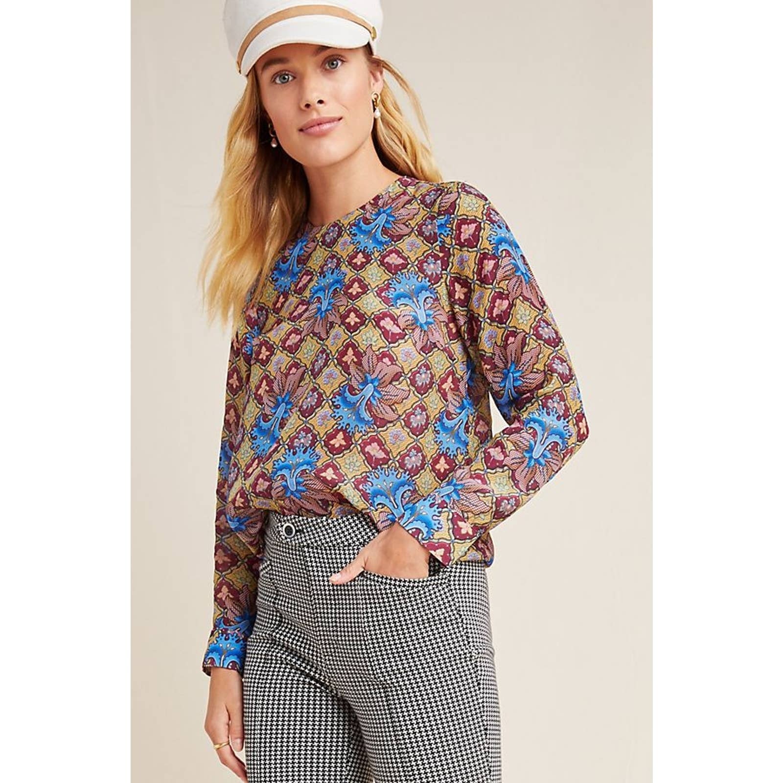 New Anthropologie Selene Geometric Long-Sleeve Blouse by TANVI KEDIA  Sz 2 Geo