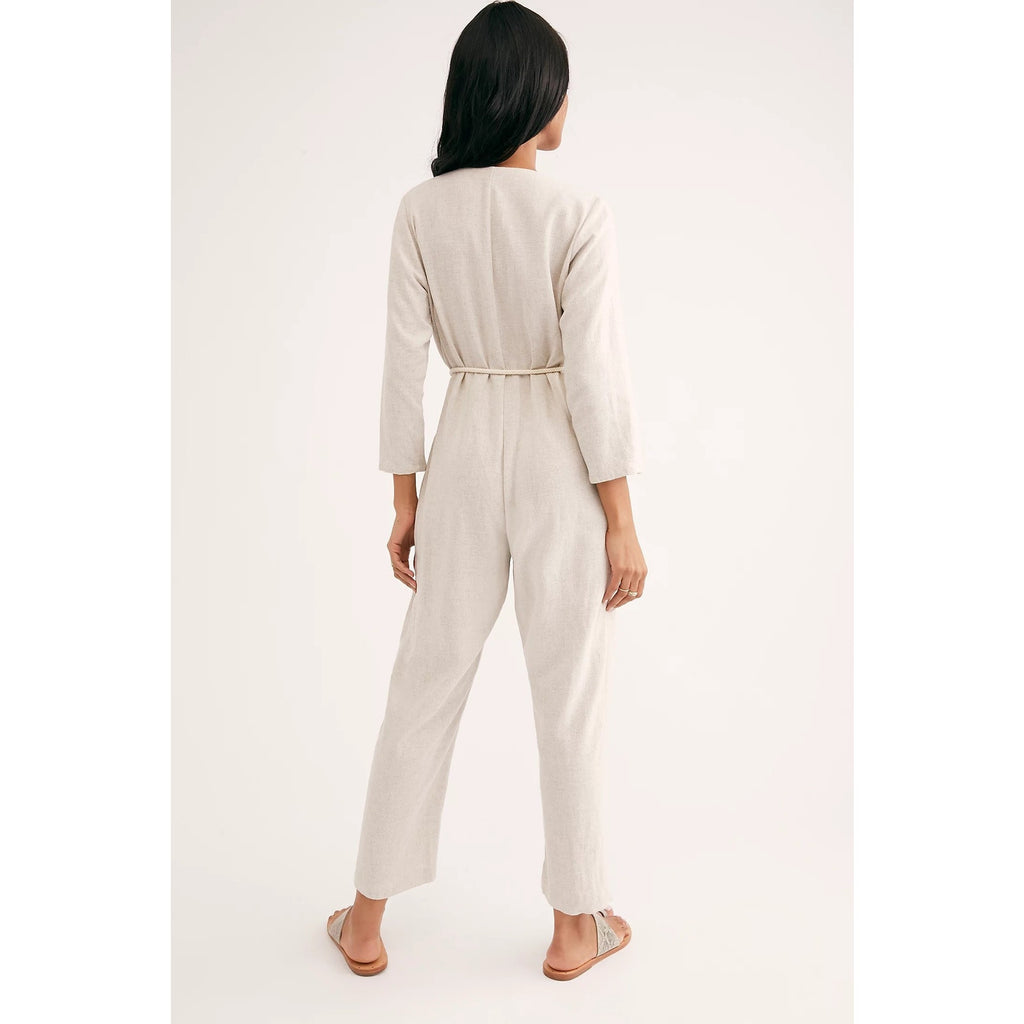 New Free People x Rachel Pally Troy Linen Jumpsuit $255 SMALL Gray Long Sleeve