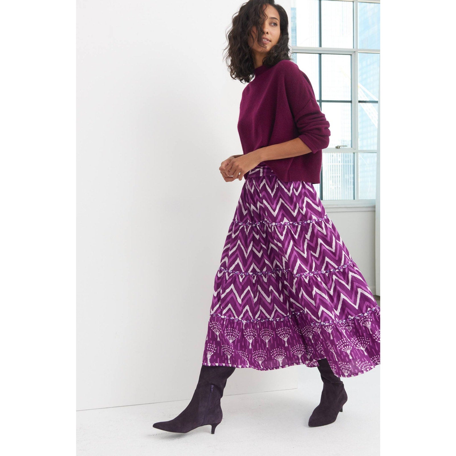 Anthropologie Krissa Tiered Maxi Skirt by Nikasha SIZE 6 Purple Motif Anthropologie