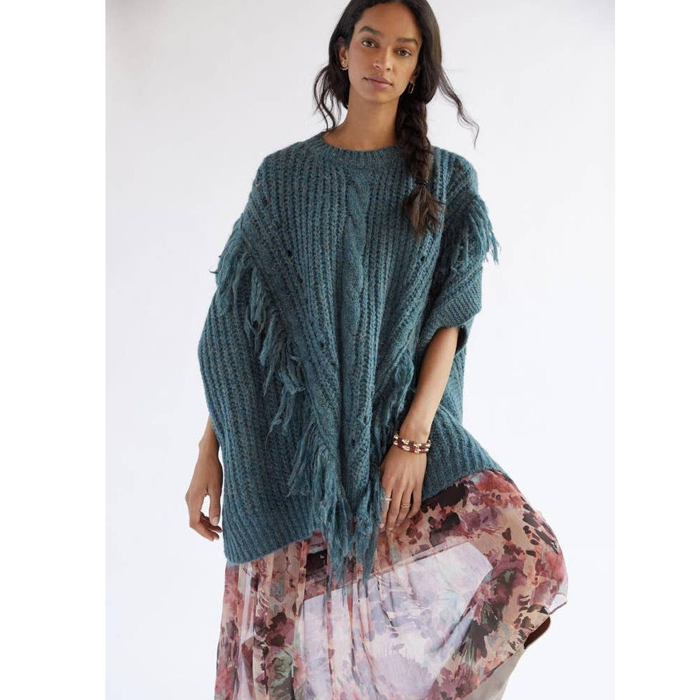 New Anthropologie Marled Fringe Cable Knit Poncho $120 ONESIZE Turquoise