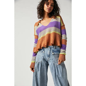 Free People Ives Cashmere Striped Pullover V-neck Sweater