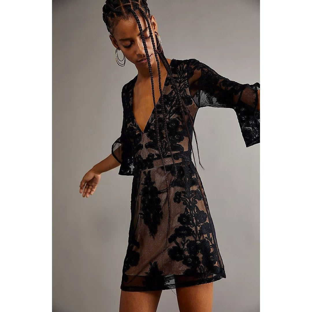 New FREE PEOPLE For Love & Lemons Temecula Mini Dress $248 X-SMALL Black