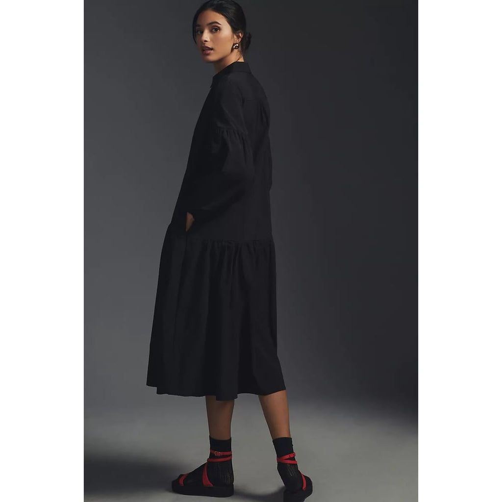 New Anthropologie MAEVE Button-Front Poplin Midi Dress $160 XXS/00 Black