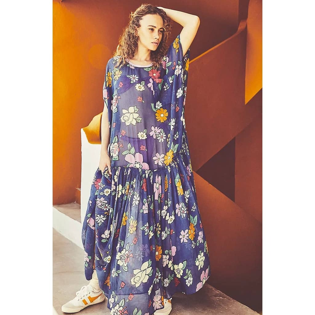 New Free People Mina Retro Floral Maxi Dress Chiffon $298 X-SMALL Blue Mini Slip