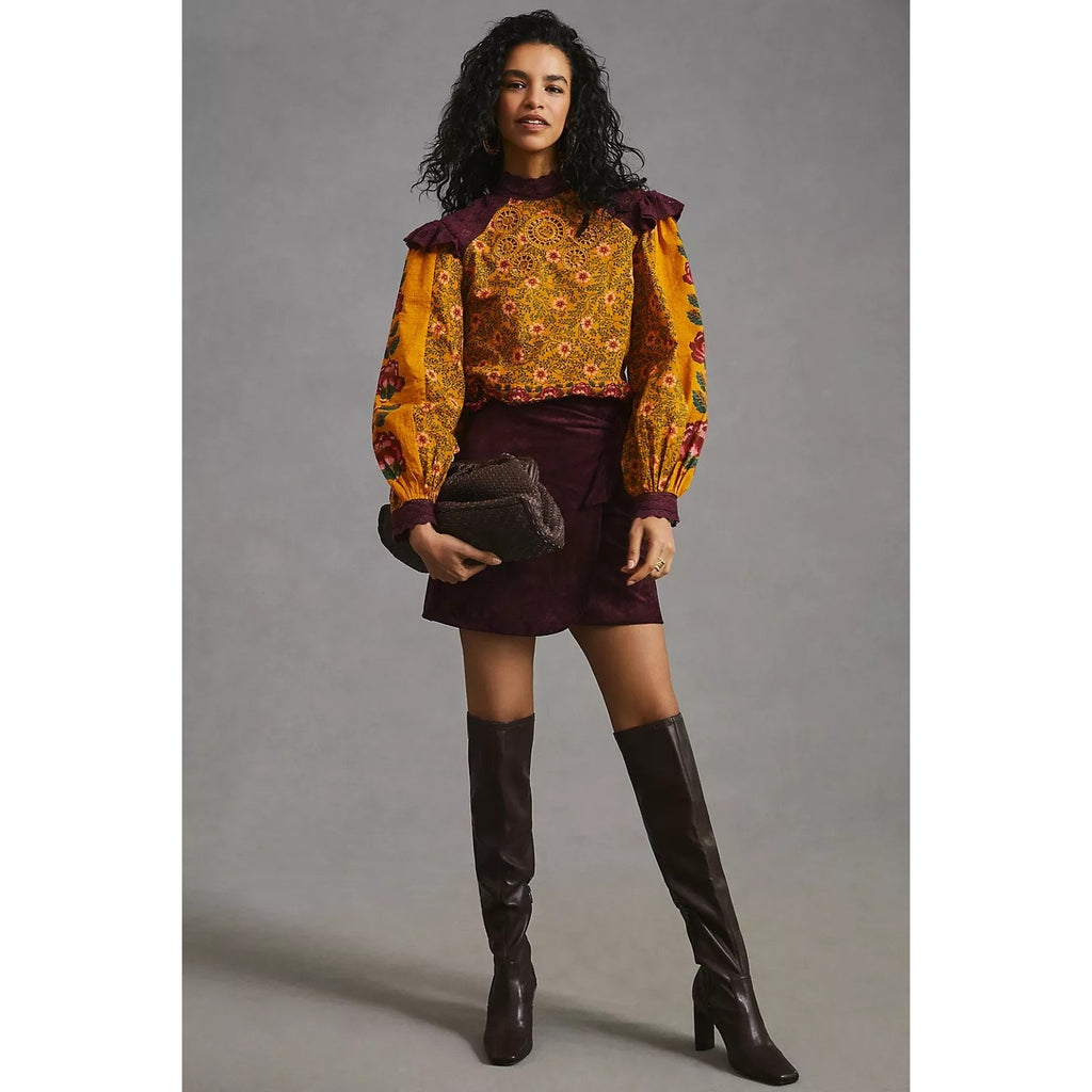 Anthropologie Ruffled Floral Long Sleeve Blouse