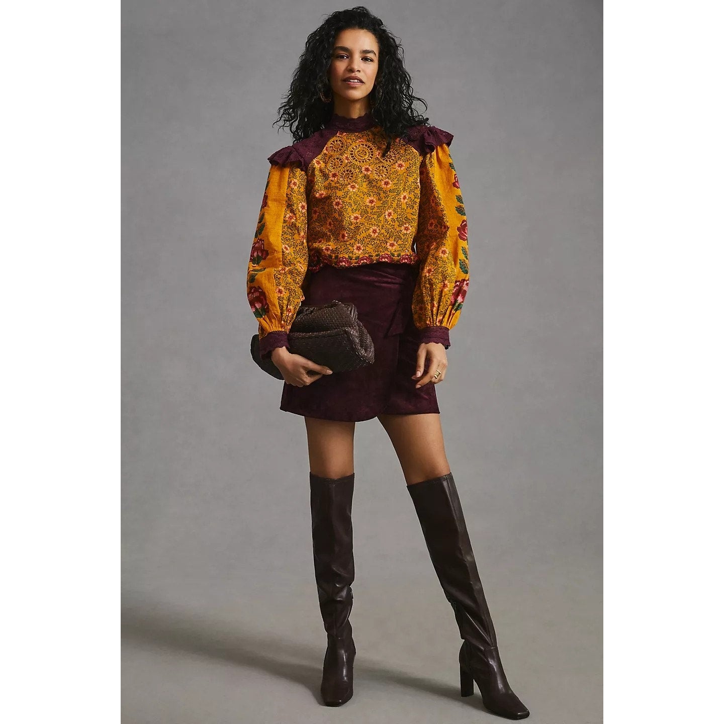 Anthropologie Ruffled Floral Long Sleeve Blouse