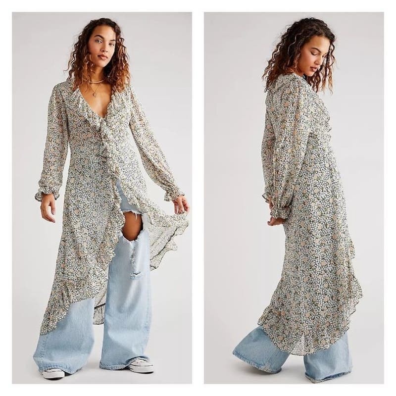 Free People Gigi Semi Sheer Floral Maxi Top $198 SMALL Ivory Long Sleeve