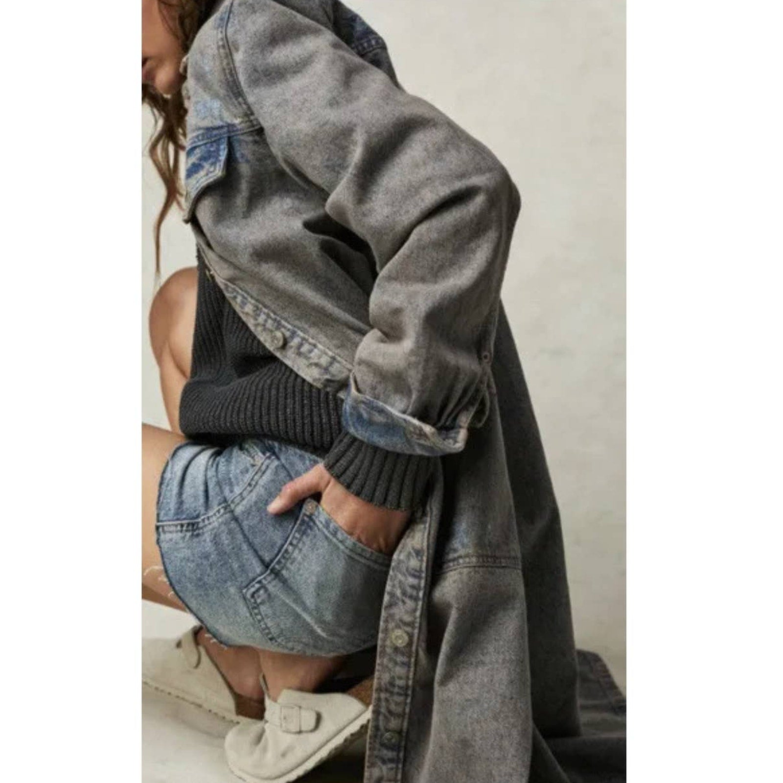 New Free People Anna Lou Denim Duster $168 X-SMALL Washed Out Blue