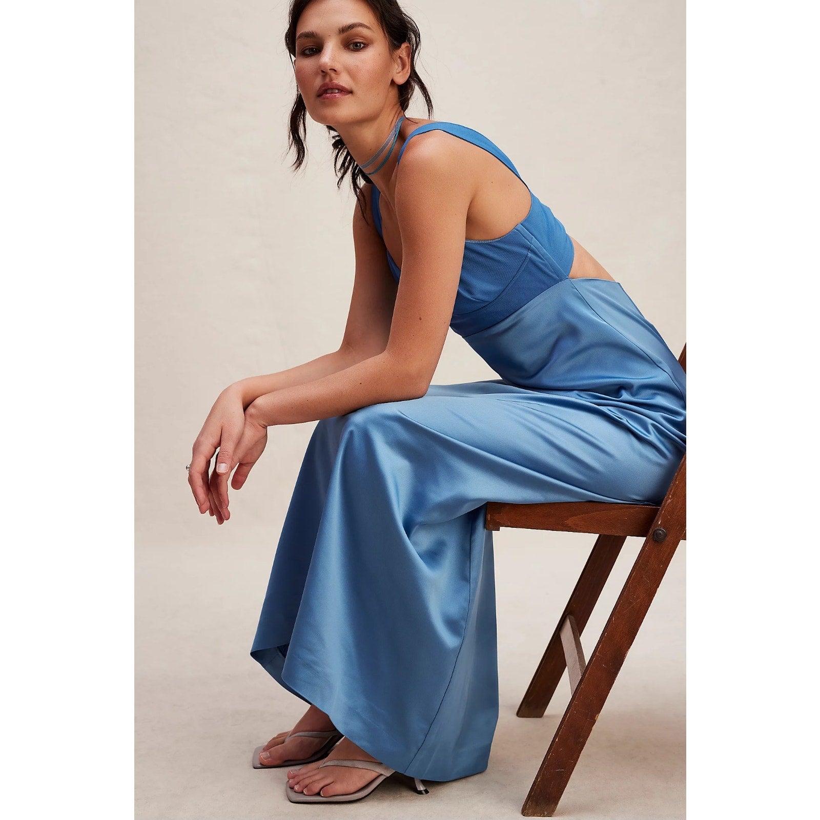 New Free People Gia Silky Maxi Dress $250 SIZE 8 Blue Bustier Slip Gown