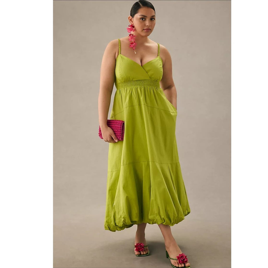 New By Anthropologie V-Neck Tiered Bubble-Hem Midi Dress $170 LARGE Green