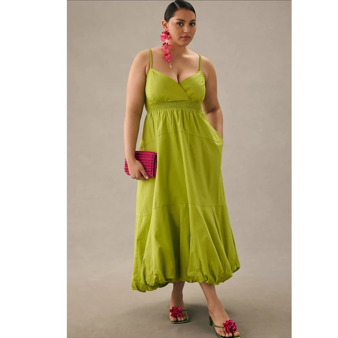 New By Anthropologie V-Neck Tiered Bubble-Hem Midi Dress $170 LARGE Green