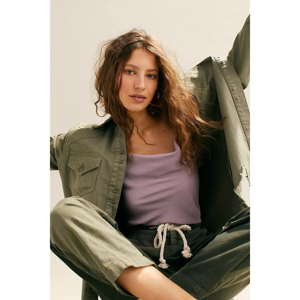 New Free People Moonchild Denim Buttondown Shirt Jacket $128 SMALL Olive