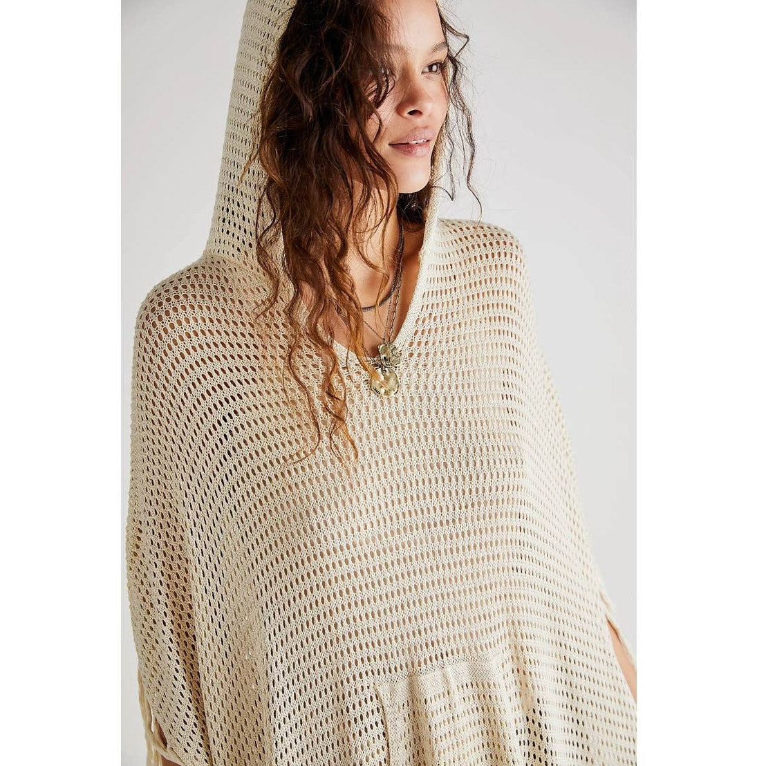 Free People Summer House Crochet Hooded Fringe Poncho