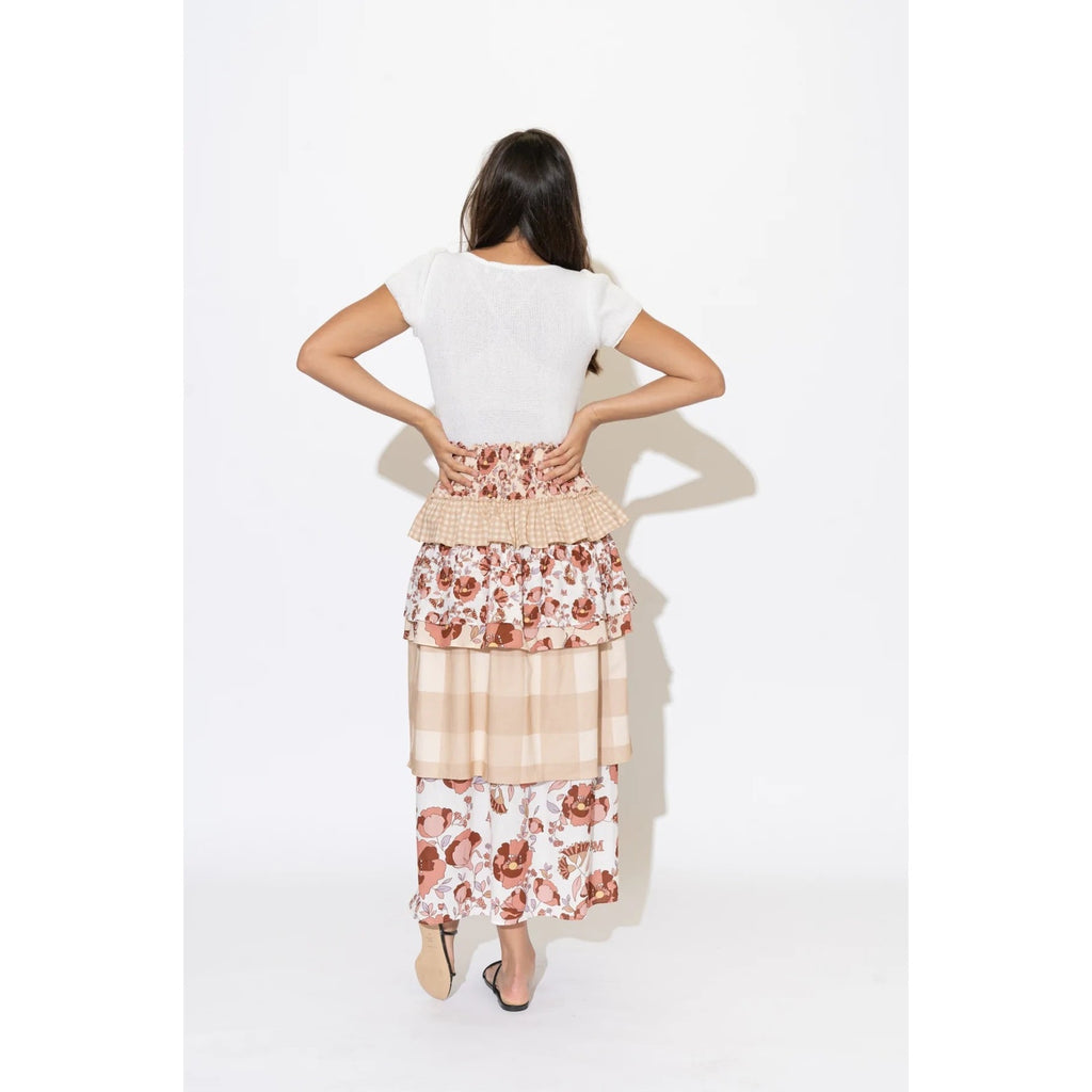 New AMBRA MADDALENA Guinivera Tiered Midi Skirt $200 US 4 Checks & Florals