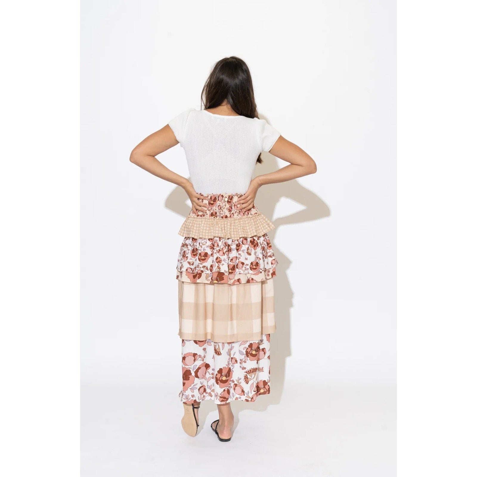 New AMBRA MADDALENA Guinivera Tiered Midi Skirt $200 US 4 Checks & Florals