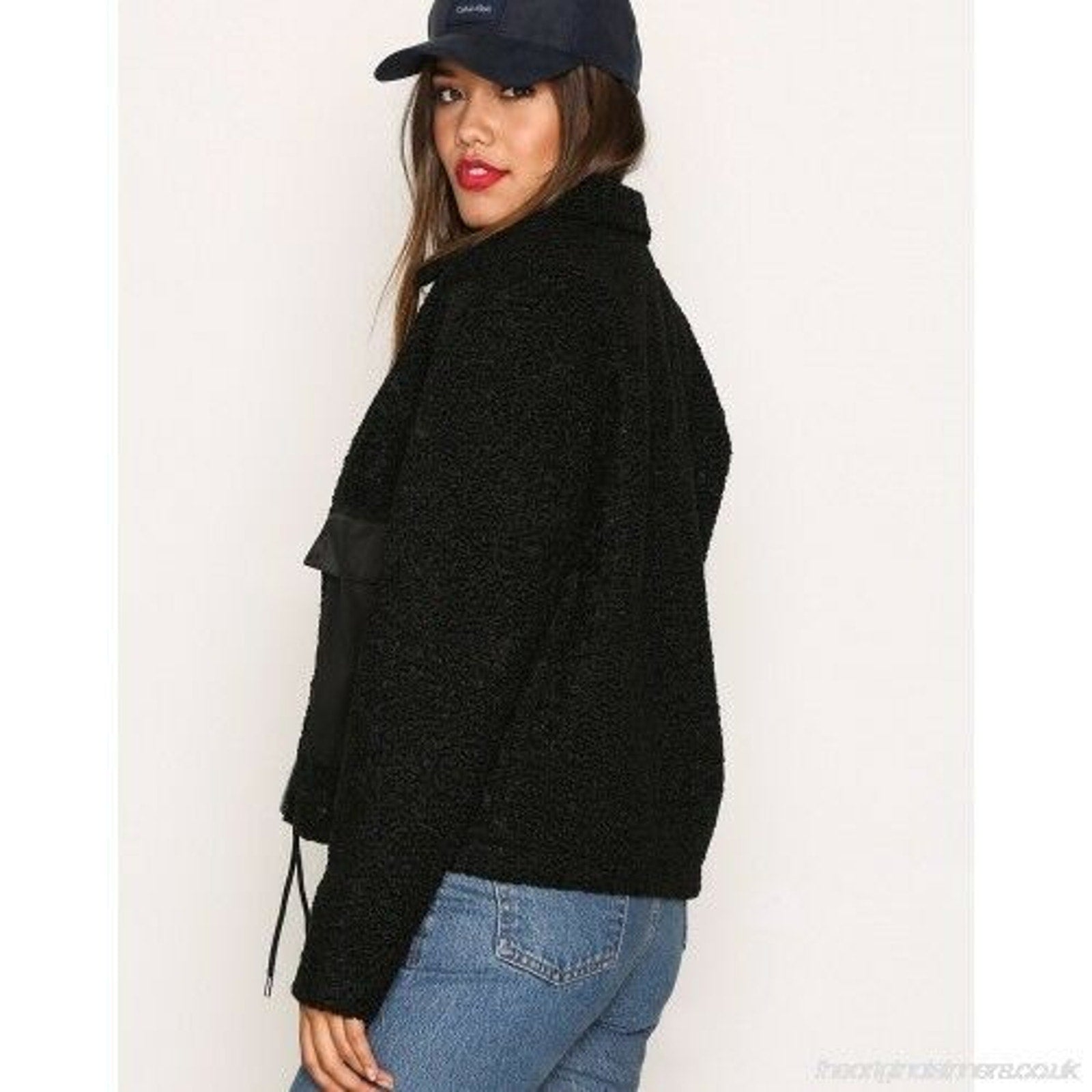 New Dr Denim Emlin Box Crop Faux Shearling Jacket Black Boucle $220 SMALL Chic