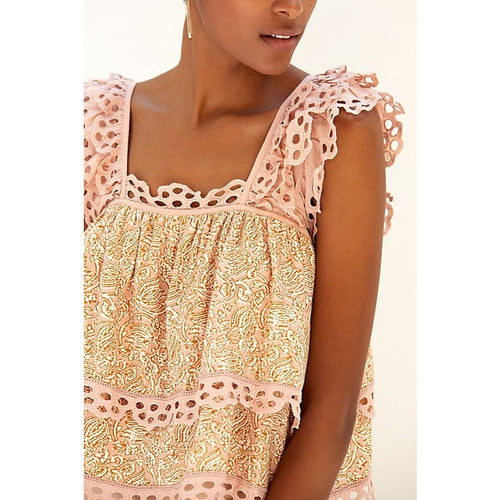 Sleeveless tiered top with square neckline and eyelet lace trim, pale pink patterned