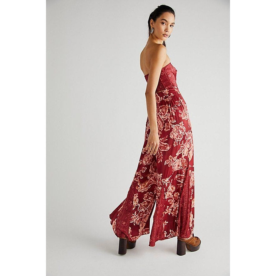 Free People Silky Juliet Jumpsuit SMALL Wine Floral Boho Wide Leg Free People