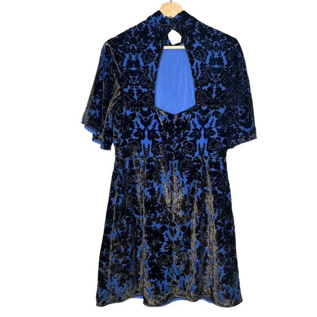 New Anthropologie Mock-Neck Velvet Mini Dress $180 SIZE 6P Petite Blue/Black