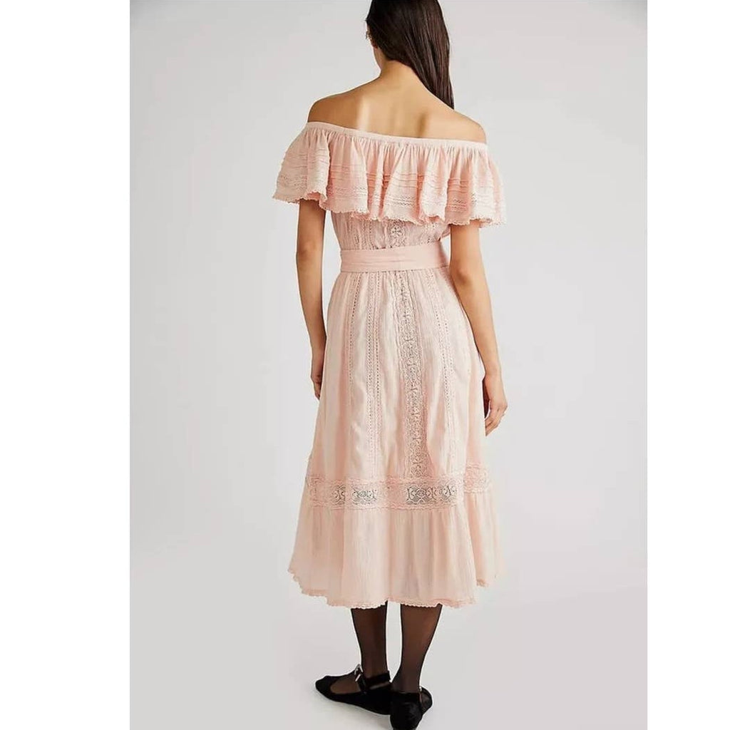 New Free People x Spell Cassie Off The Shoulder Lace Gown $299 X-SMALL Pink Free People