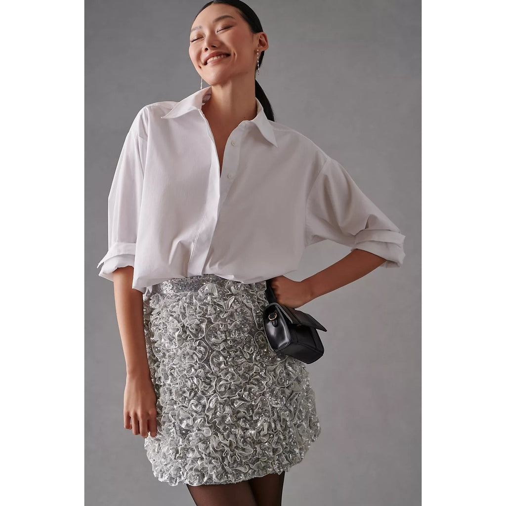 New Anthropologie Mare Mare 3-D Sequin Mini Skirt  $198 SMALL Silver