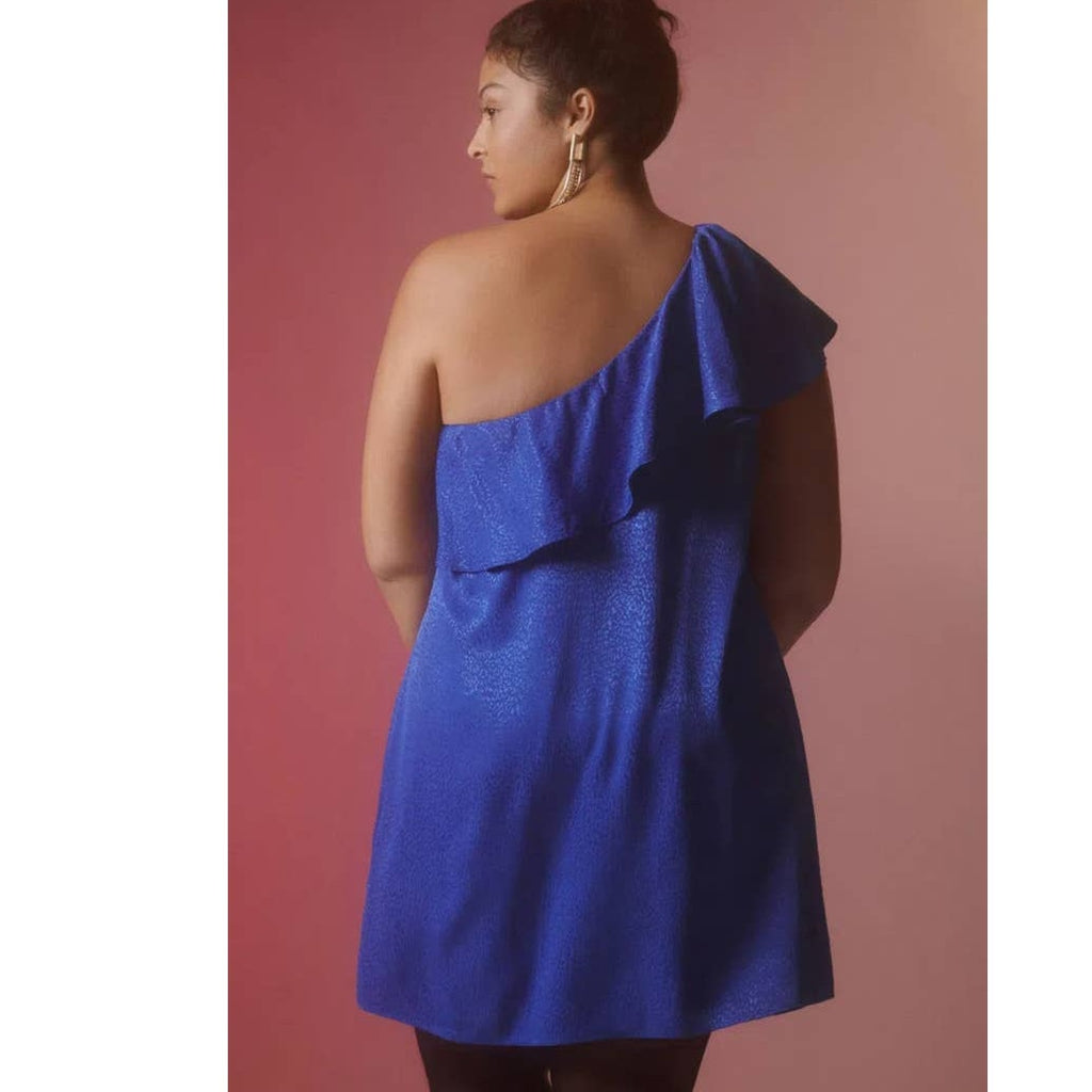 New Anthropologie Ruffled One-Shoulder Mini Dress $140 SIZE 6 BLUE