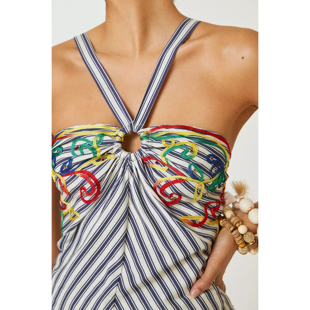 New Anthropologie Avril Emroidered Striped Halter Top $110  MEDIUM  Blue
