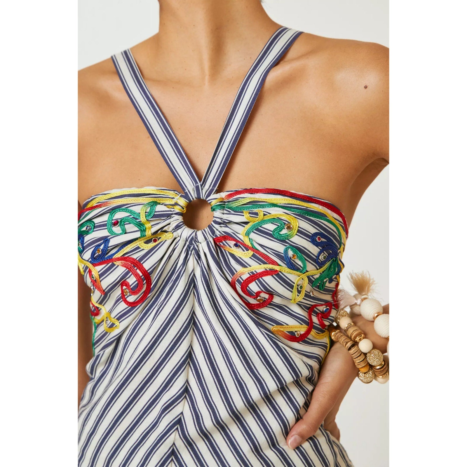 New Anthropologie Avril Emroidered Striped Halter Top $110  MEDIUM  Blue