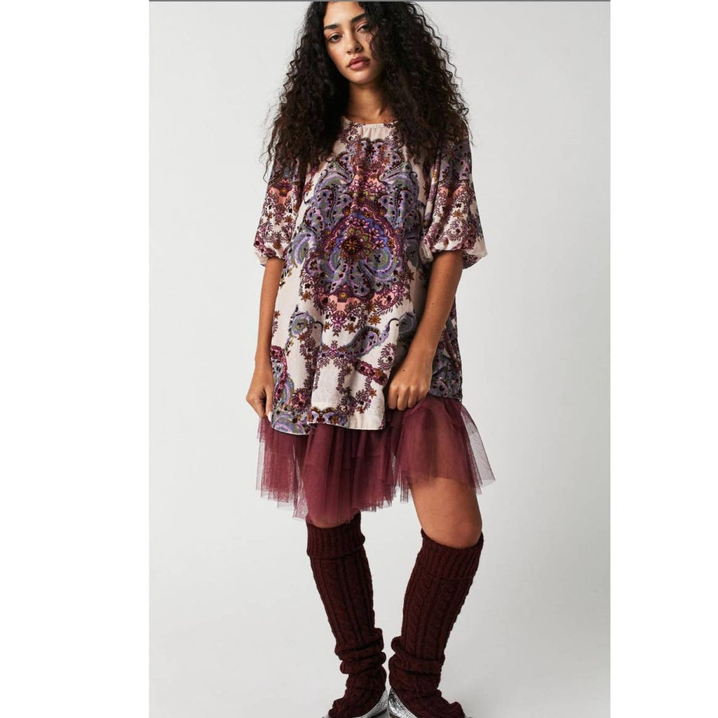 Free People Maye Printed Velvet Tunic Mini Dress X-SMALL Oversized Top Free People