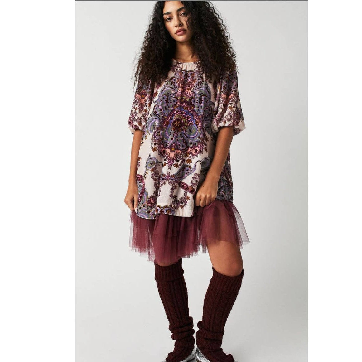 Free People Maye Printed Velvet Tunic Mini Dress X-SMALL Oversized Top Free People