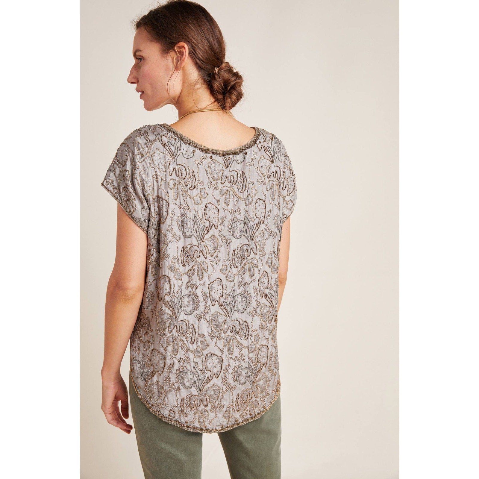 New Anthropologie x Love Sam Lorelei Hand Beaded Blouse $325 Small EARTH