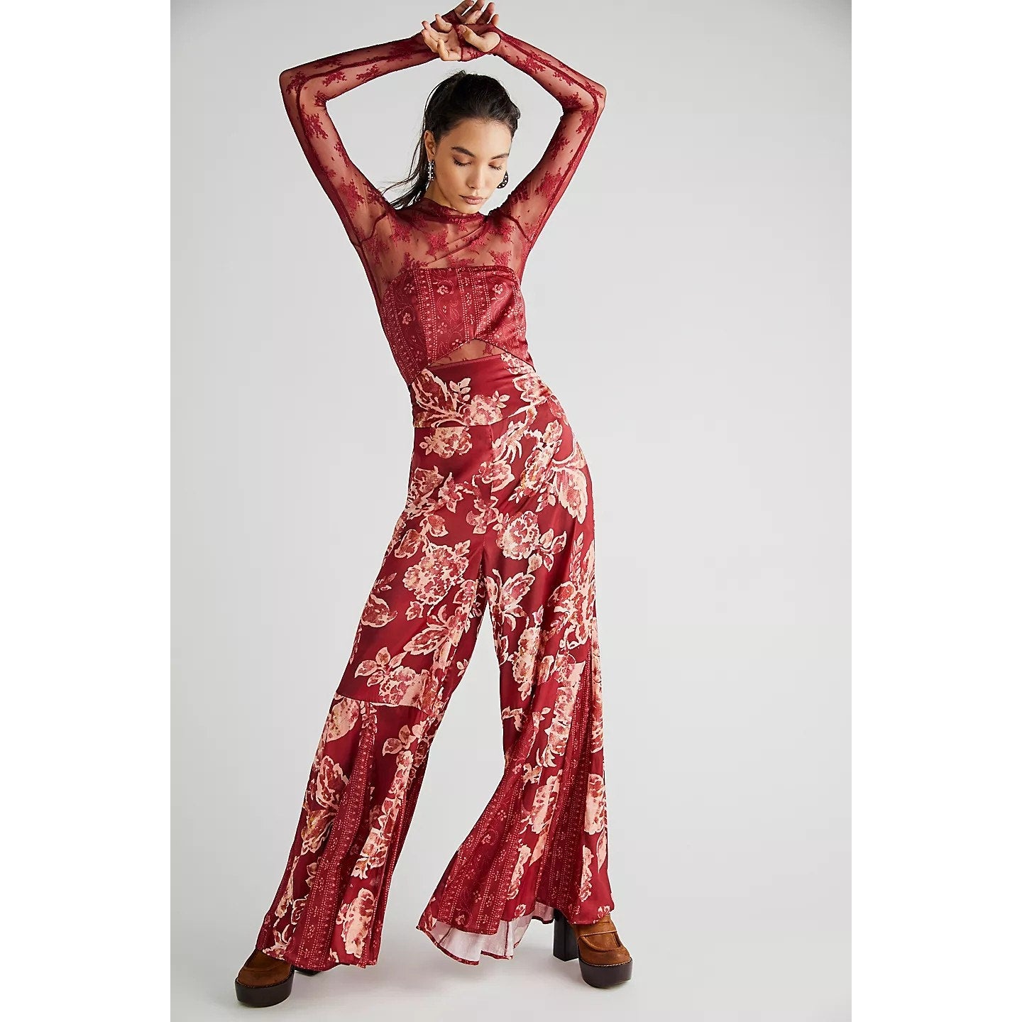 Free People Silky Juliet Jumpsuit SMALL Wine Floral Boho Wide Leg Free People