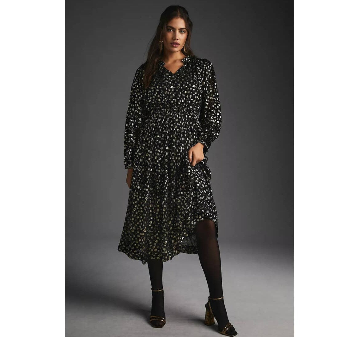 New Anthropologie Mille V-Neck Lurex Midi Dress $498 XXS Black & Metallic Gold