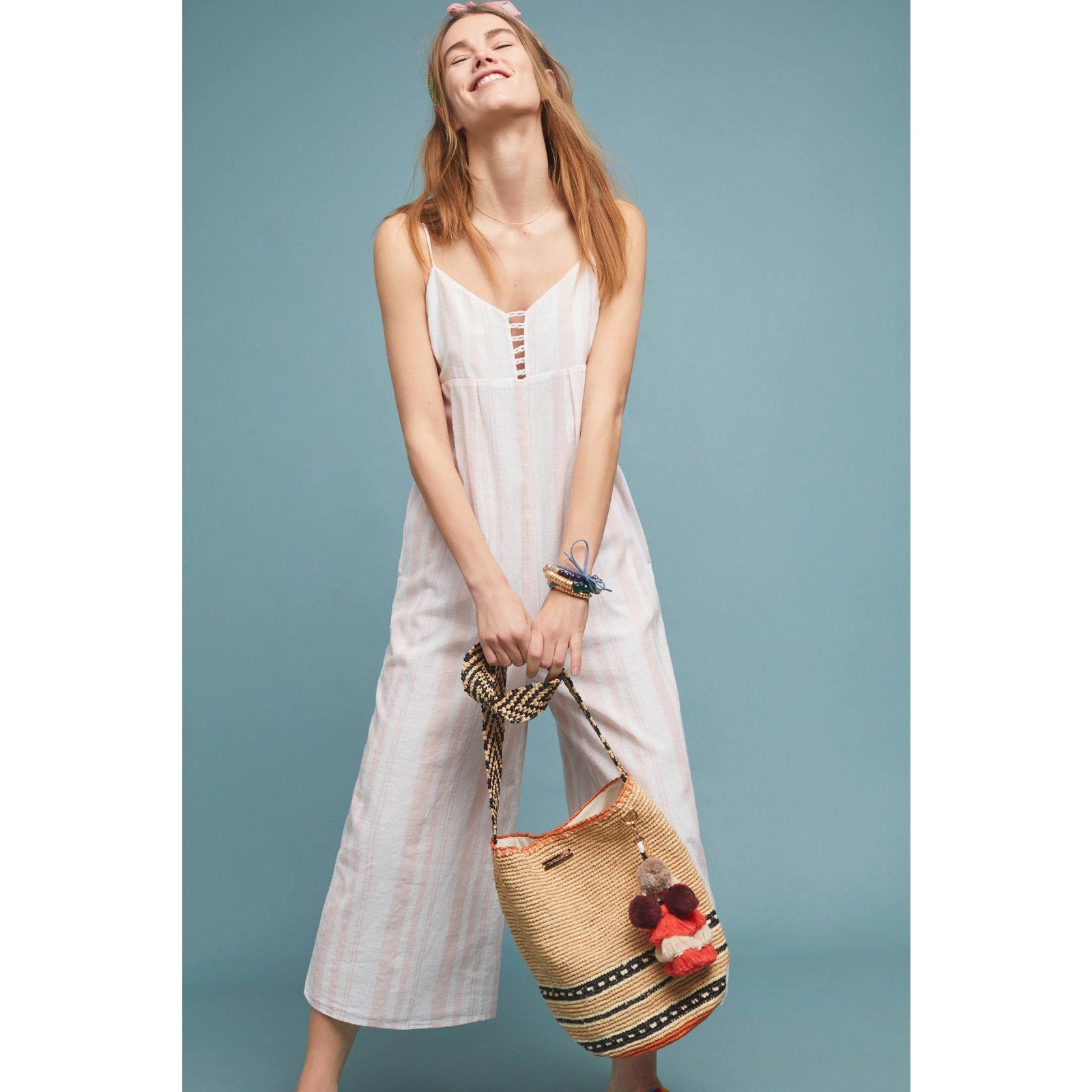 New Anthropologie Peachy Keen Jumpsuit SMALL $160 Pink V-neck Cotton Cropped
