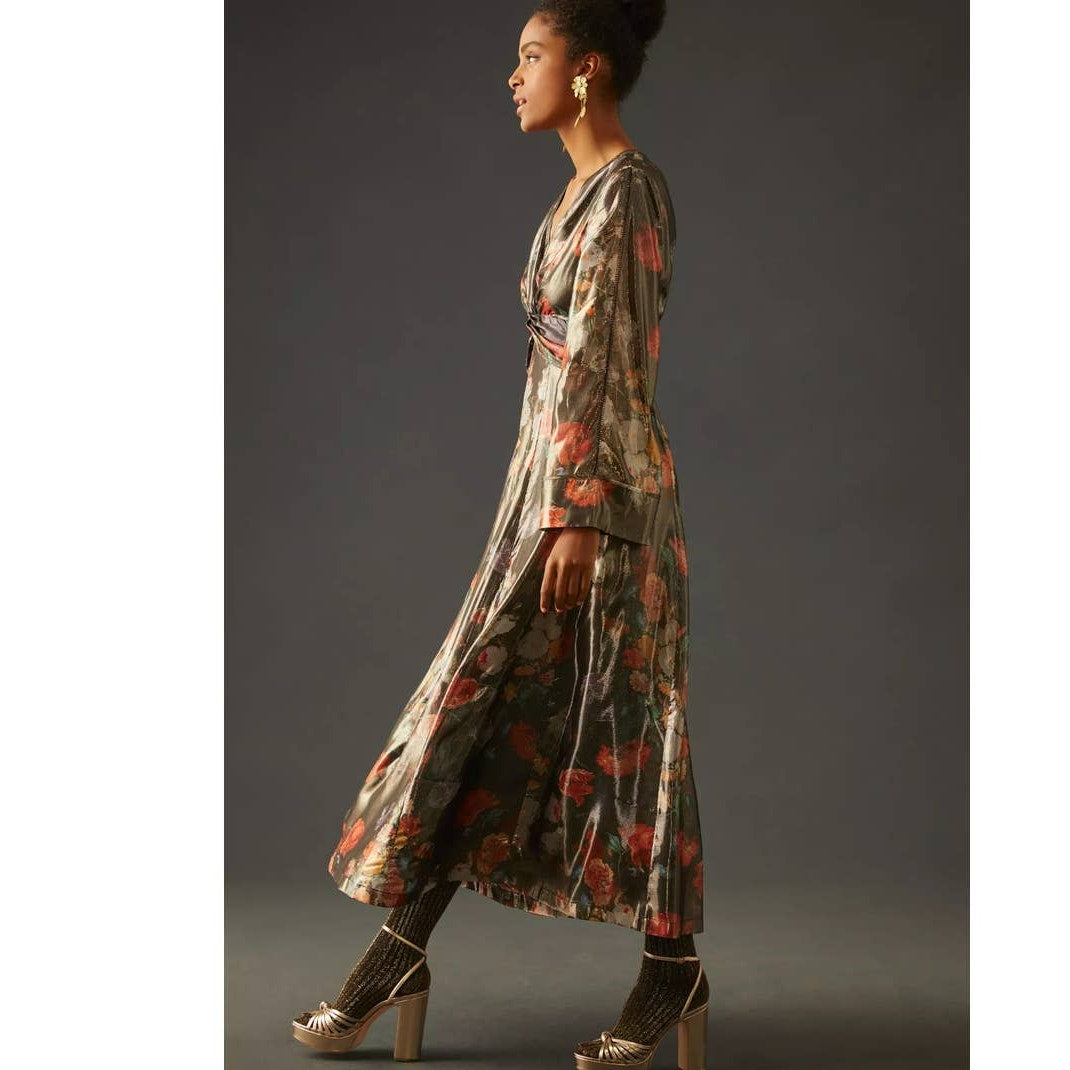New Anthropologie Caballero Deep V-Neck Maxi Dress $248 X-SMALL Floral