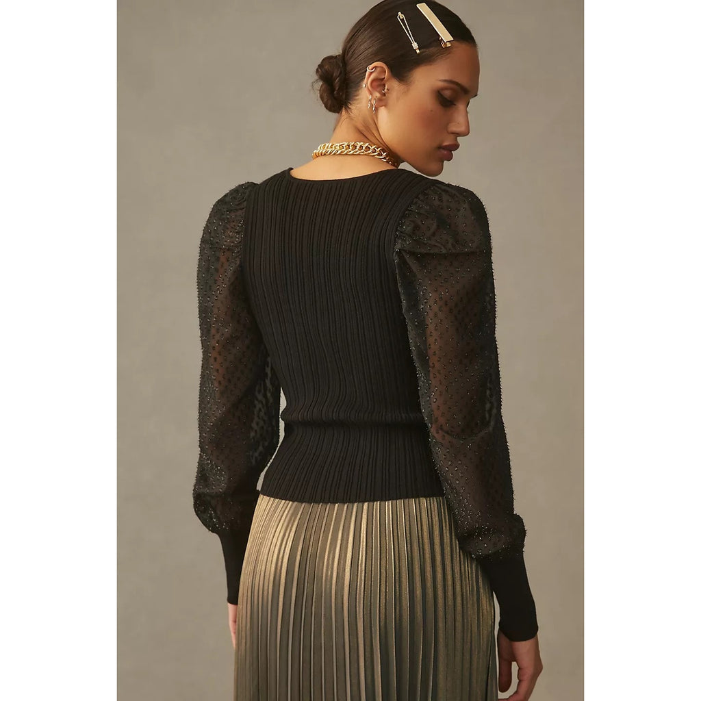 By Anthropologie Puff-Sleeve Shimmer Pullover Sweater MEDIUM Black Anthropologie
