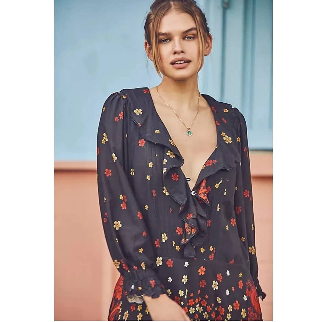 New Free People Talsey Floral Maxi Dress $198 X-SMALL Black Combo Long Sleeve