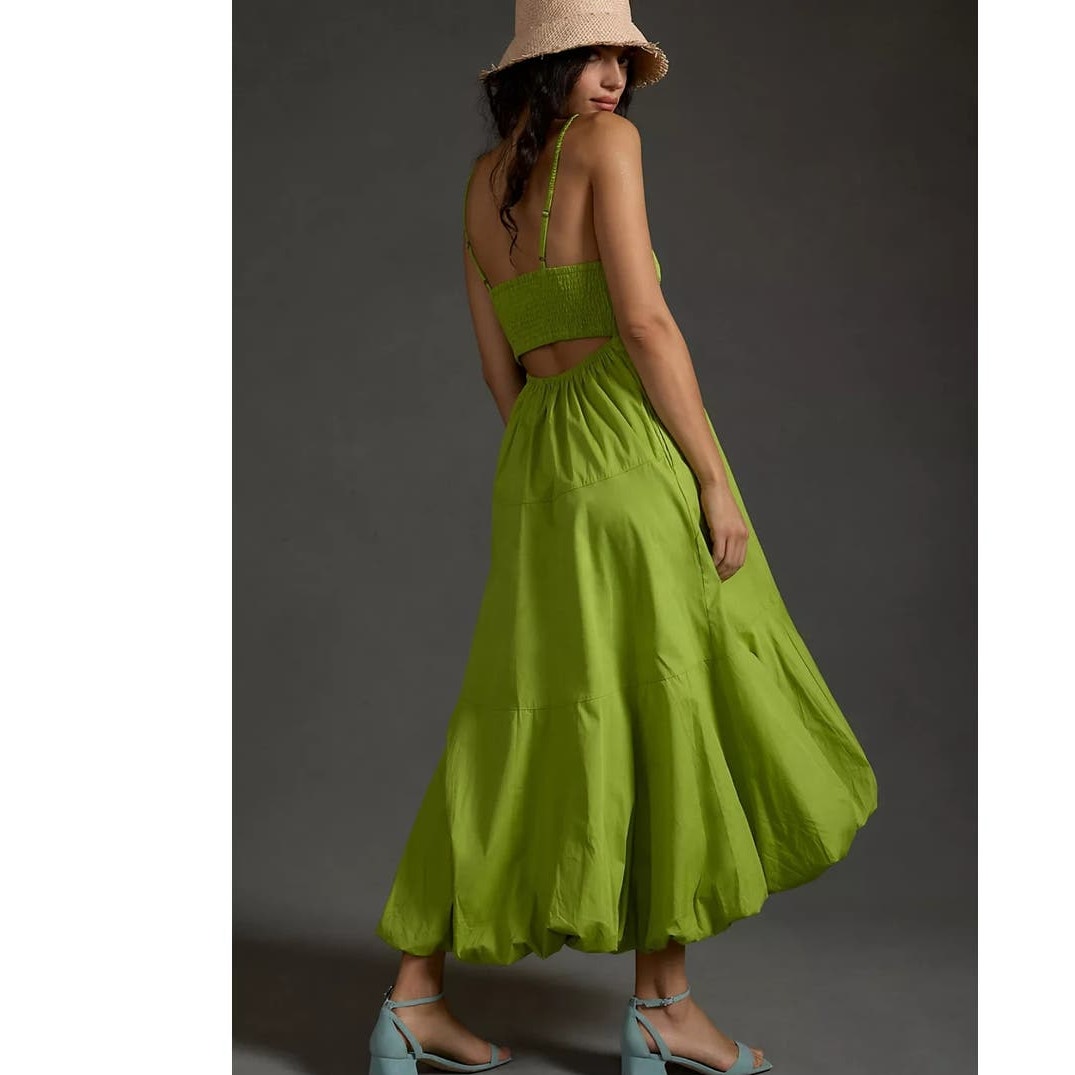 New By Anthropologie V-Neck Tiered Bubble-Hem Midi Dress $170 LARGE Green