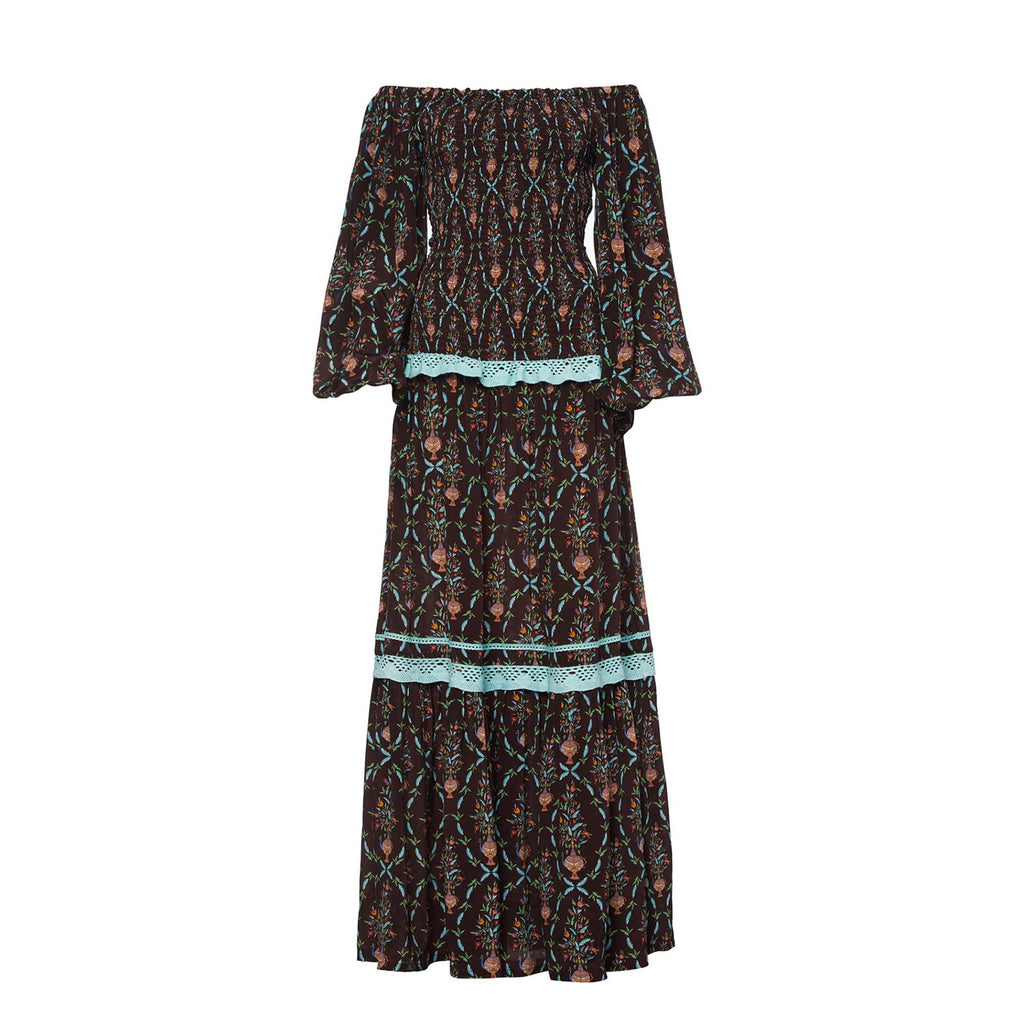 New Verandah Smocked Tiered Maxi Dress SQUARE-NECK  $595 SMALL (4) Brown Motif
